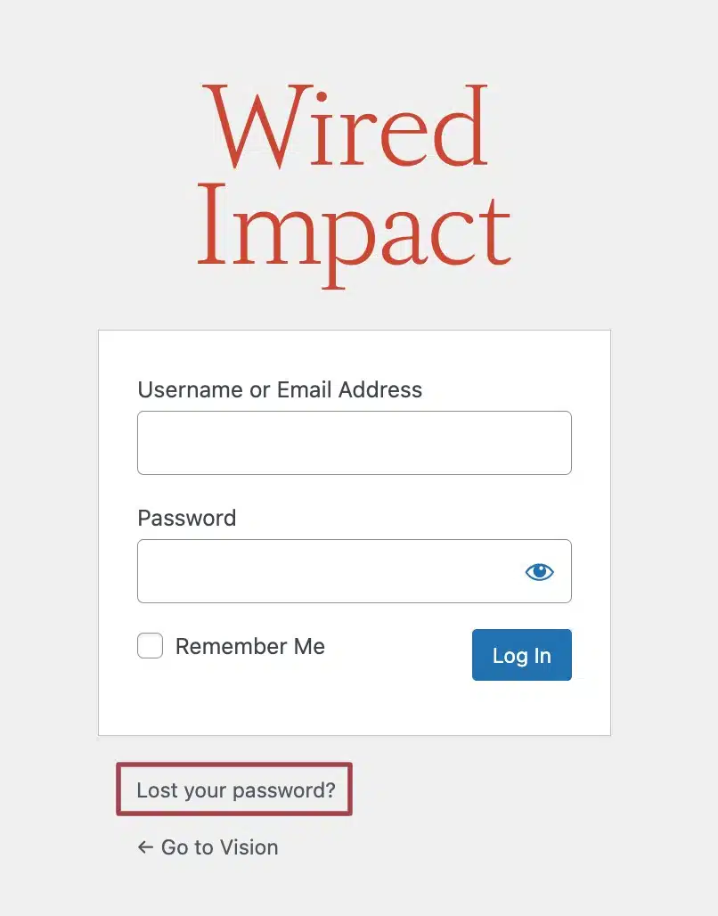A screenshot of the log in page of a website highlighting Lost your password hyperlink at the bottom of this page