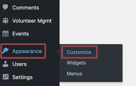 A screenshot of the Appearance Section of the admin menu in the back end of a website highlighting the Customize hyperlink