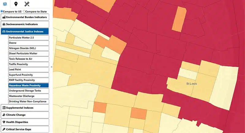 A screenshot from the Environmental Justice Screening and Mapping Tool showing the St. Louis area shaded in yellow, orange and red.