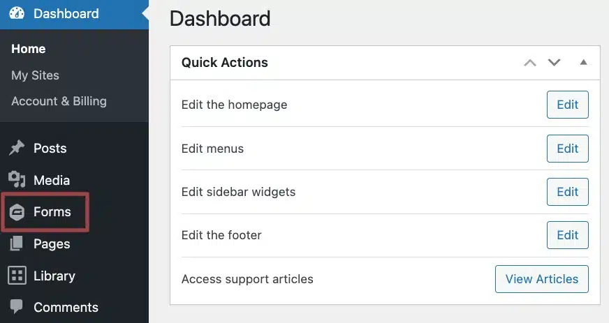 A screenshot of the Dashboard in the back end of a website highlighting the Forms Section in the admin menu