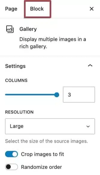 A screenshot of the settings highlighting the block section