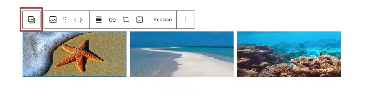 A screenshot of the gallery block toolbar, highlighting the "select gallery" button
