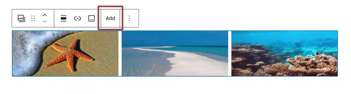 A screenshot of the gallery block toolbar, highlighting the "add" button