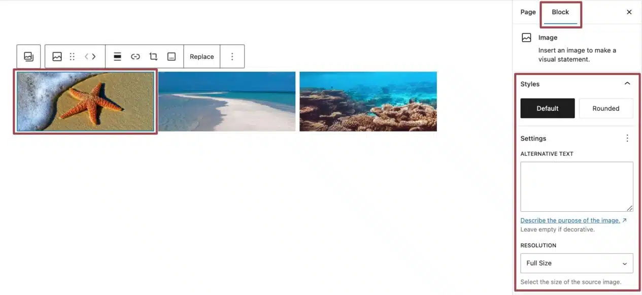A screenshot of the gallery block, with an individual image selected, highlighting the block settings on the right panel