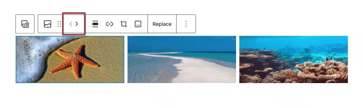 A screenshot of the gallery block toolbar, highlighting the arrows for reordering images
