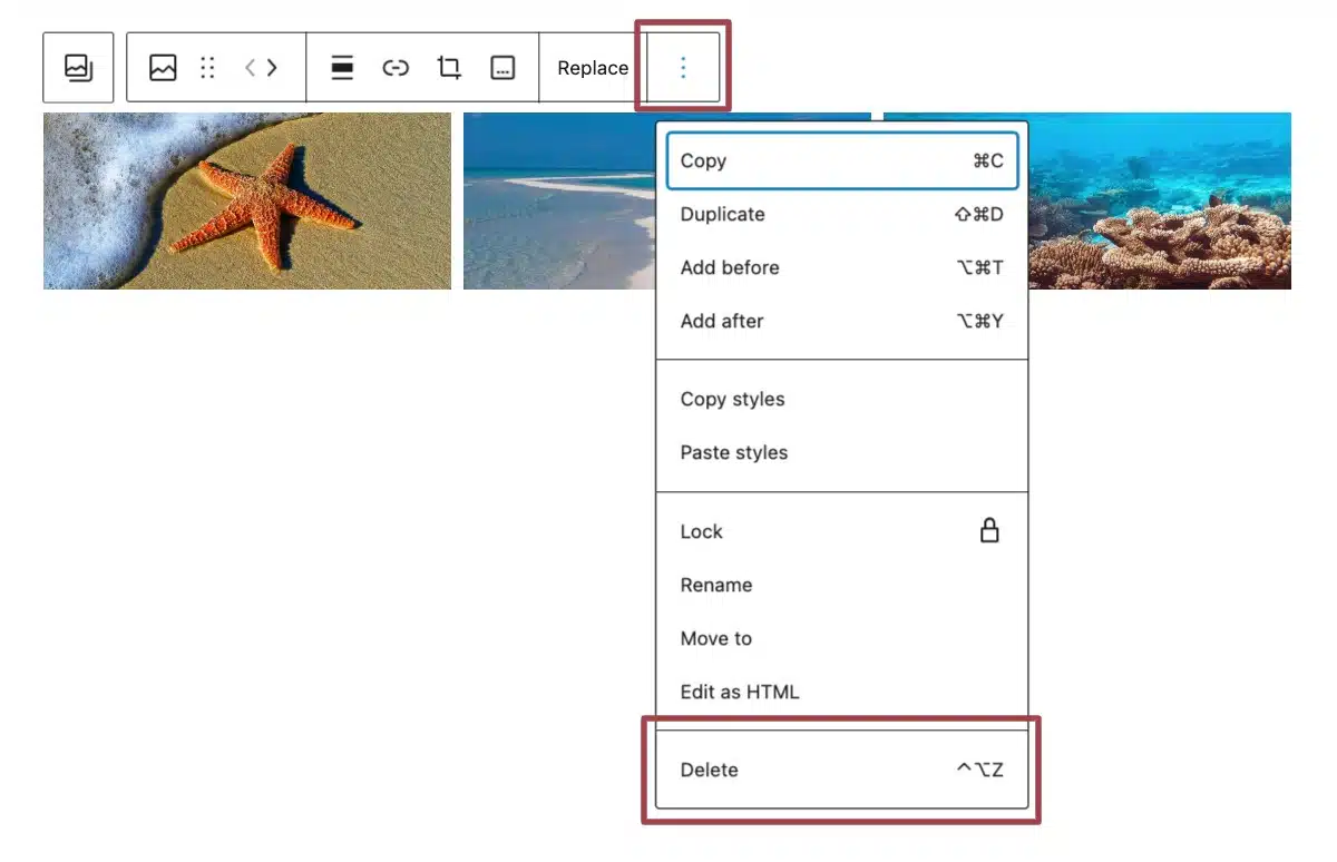 A screenshot of the gallery block toolbar, highlighting the "delete" button