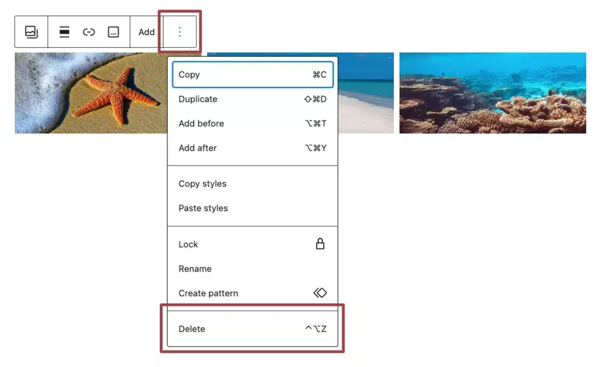A screenshot of the gallery block toolbar, highlighting the "delete" button
