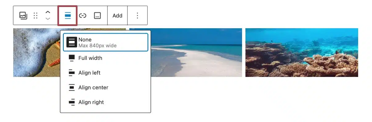 A screenshot of the different alignment options: none, full width, align left, align center, align right.
