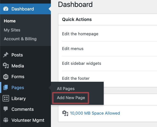 A screenshot of the Dashboard in the back end of a website highlighting Add New item under the Pages section in the admin menu