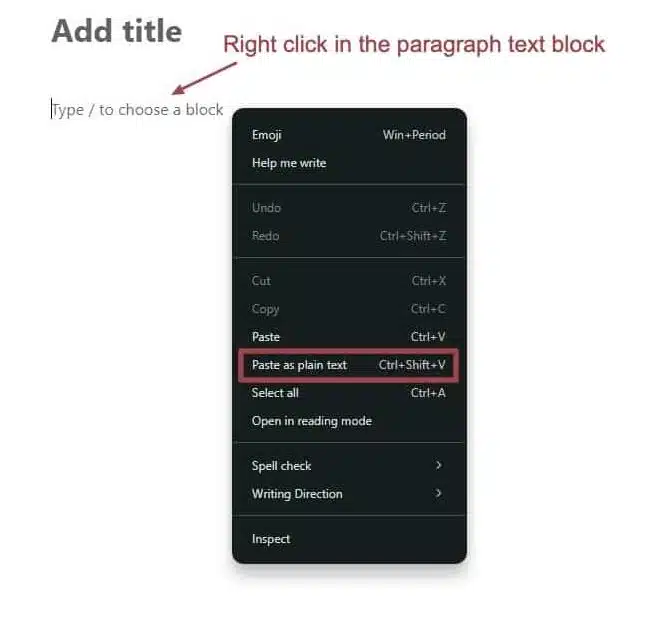 A screenshot of the default options that appear when doing a right click on an empty paragraph block