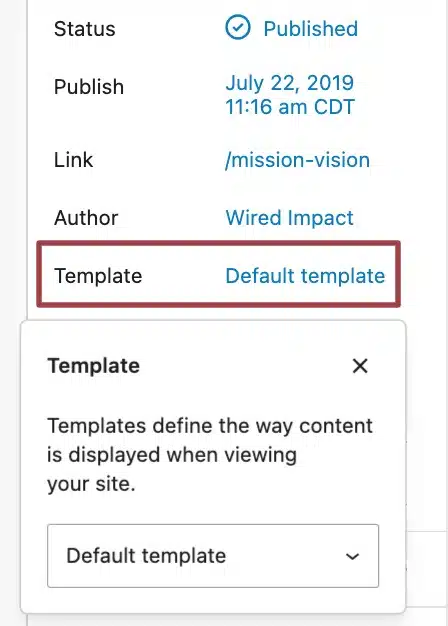 A screenshot of the page settings, highlighting the "Template" field