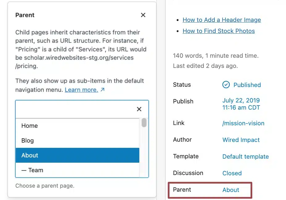 A screenshot of the "parent" section in the right sidebar