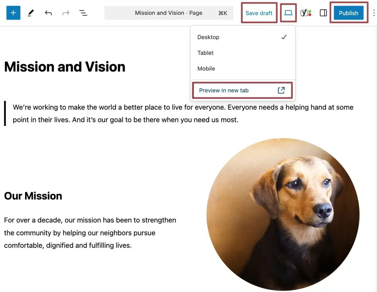 A screenshot of the WordPress admin, highlighting the "save draft" "preview" and "publish" buttons at the top.