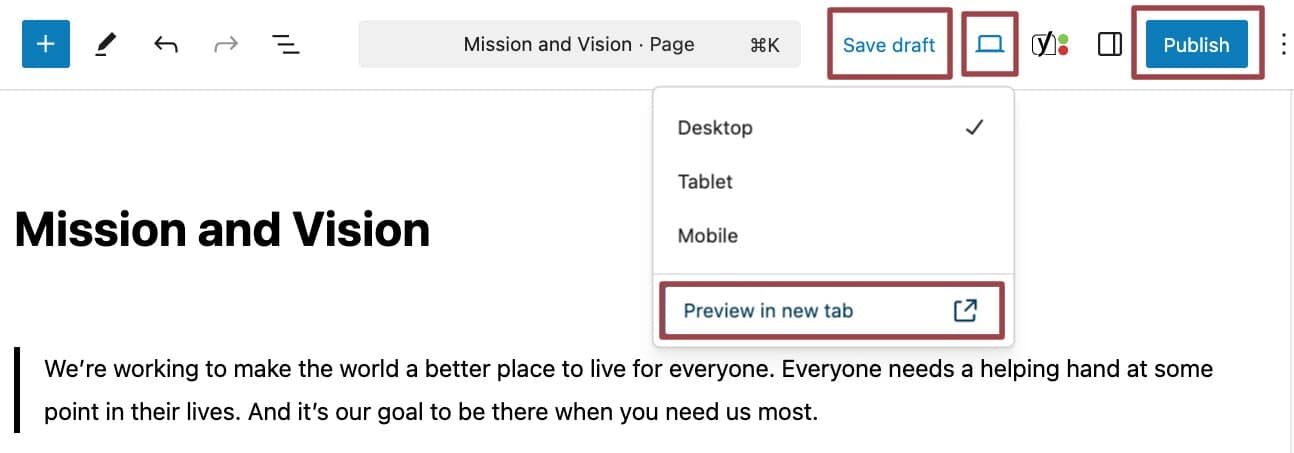 A screenshot of "Preview in new tab", "Save draft" and "Publish" options in the top right of the editor