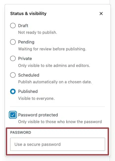 A screenshot demostrating how to change the page visibility from Public to Password protected.