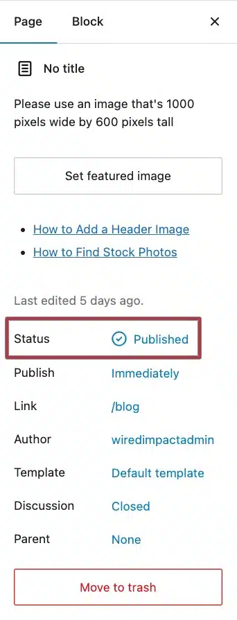 A screenshot of the Page settings highlighting the status option