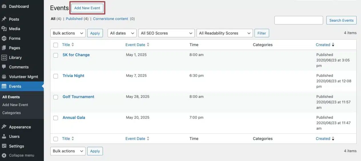 A screenshot of the Library Items page in the back end of a website with the Add New button highlighted