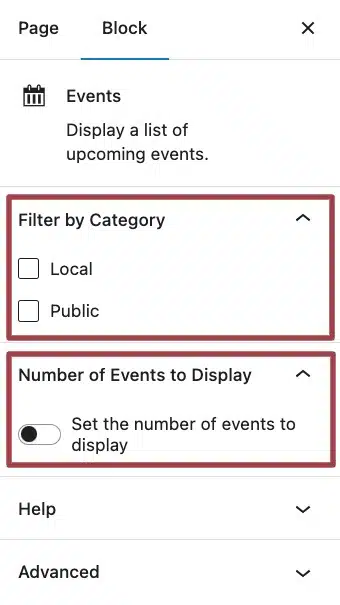 A screenshot of the event block settings highlighting the filter categories