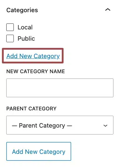 A screenshot of the Add New Category form highlighting the Add New Category option