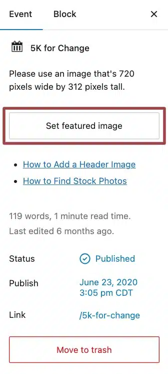 A screenshot of the document settings in the content editor of an event highlighting the Featured Image section.