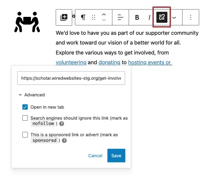 A screenshot of the icon block, showing how to find the "open link in new tab" option