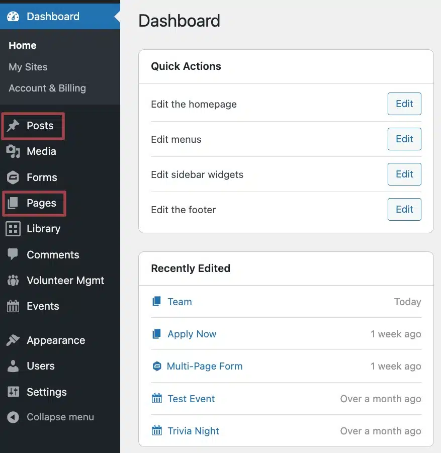 A screenshot of the Dashboard in the back end of a website highlighting the Posts and Pages sections in the admin menu