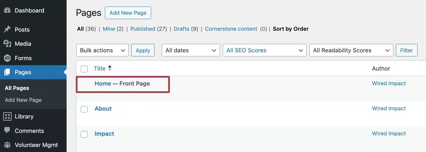 Screenshot of the Pages section, highlighting the Home page.
