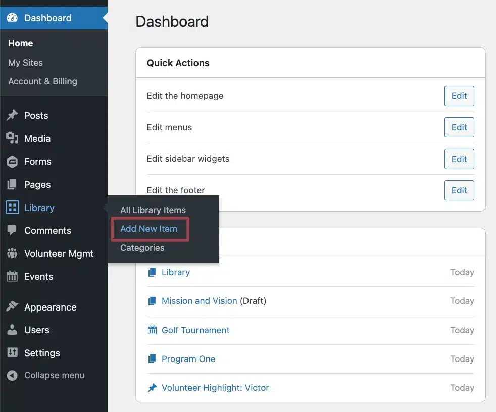 A screenshot of the Dashboard with the Library submenu Add New Item option highlighted