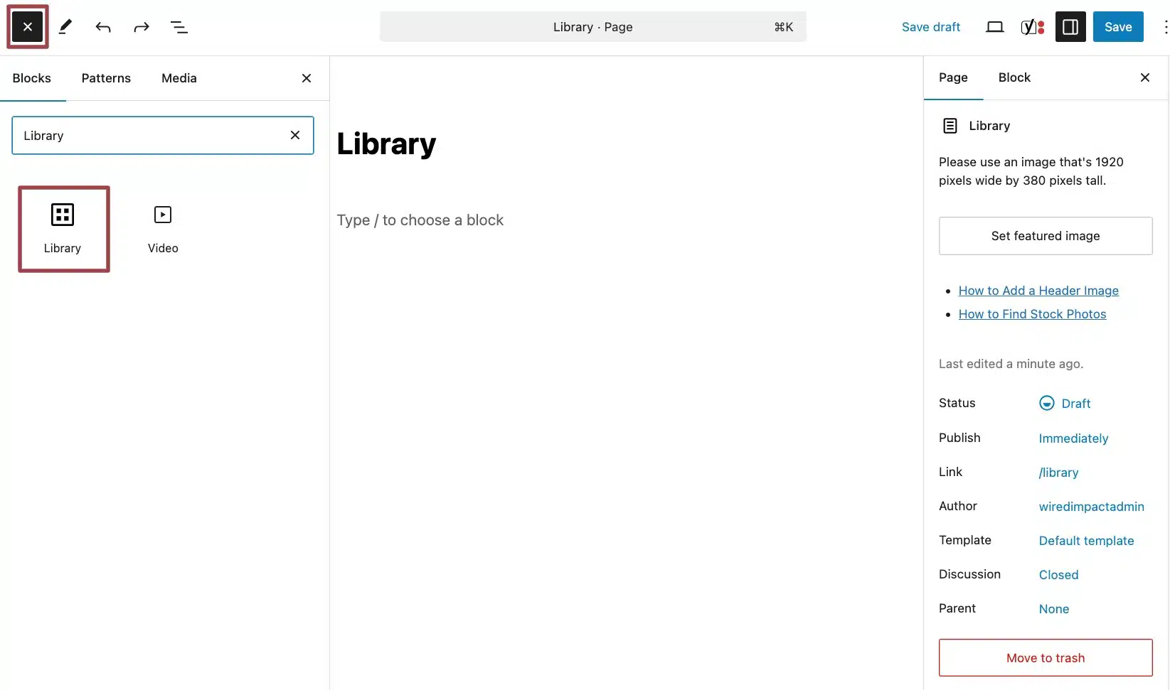 A screenshot showing how to add the Library block in the back end