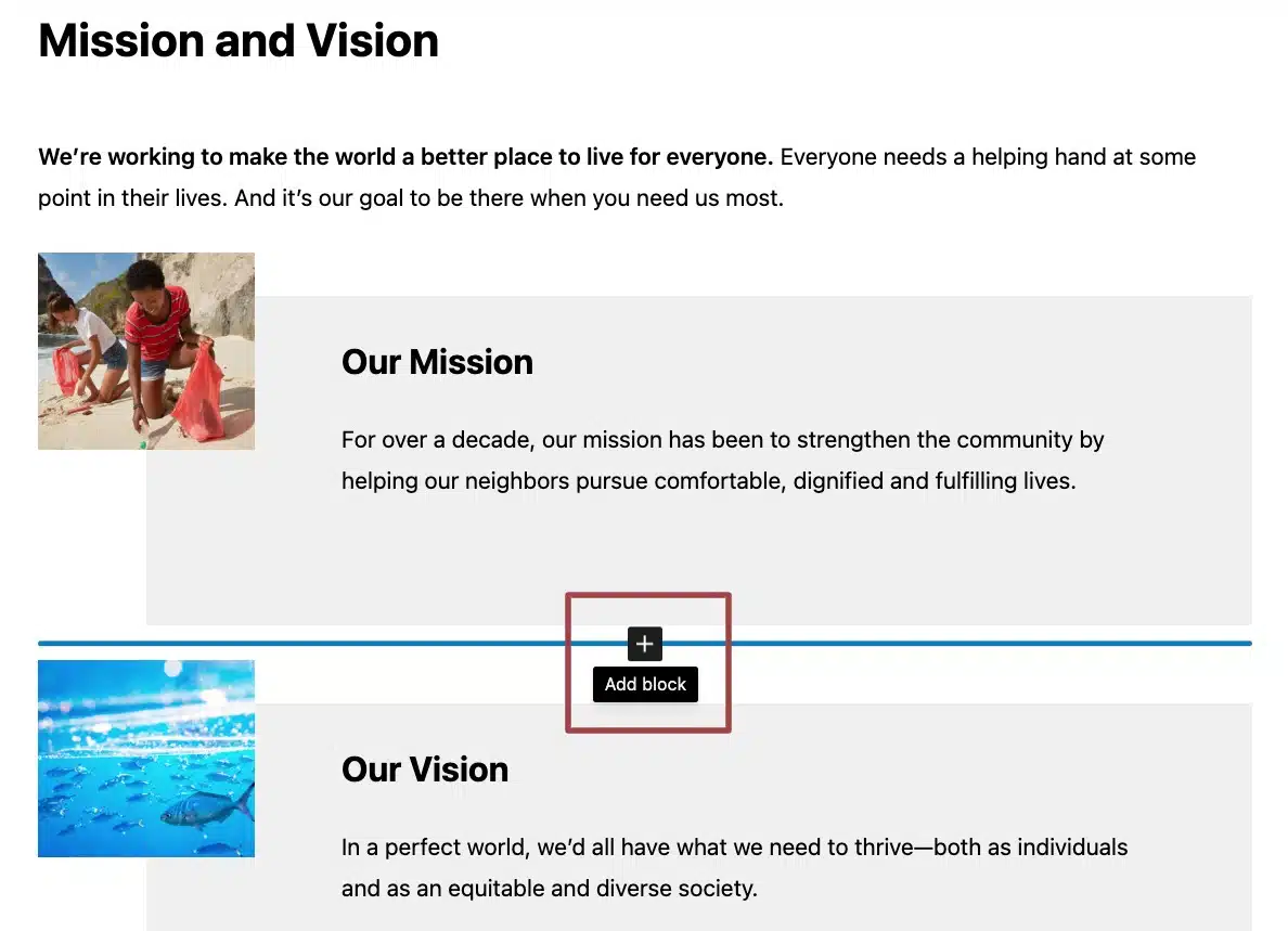 A screenshot of the "add block" button, which appears when clicking between two existing blocks