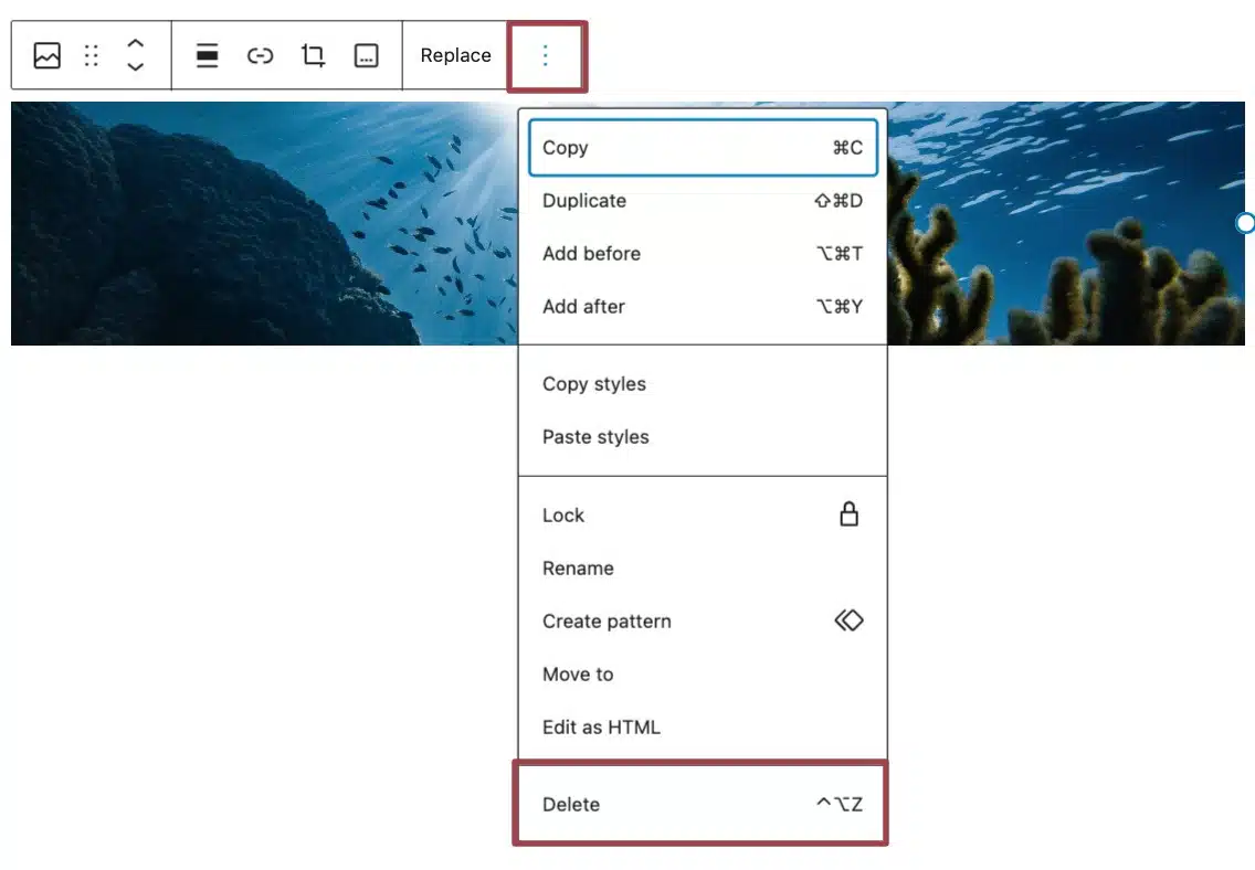 A screenshot of the image toolbar menu, highlighting the "delete" button.
