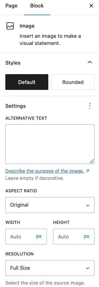 A screenshot of the image block settings.