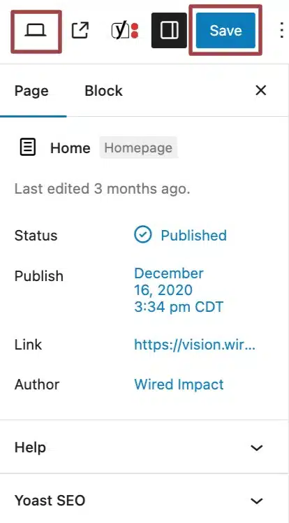 A screenshot of the Page settings, highlighting the laptop and update button.