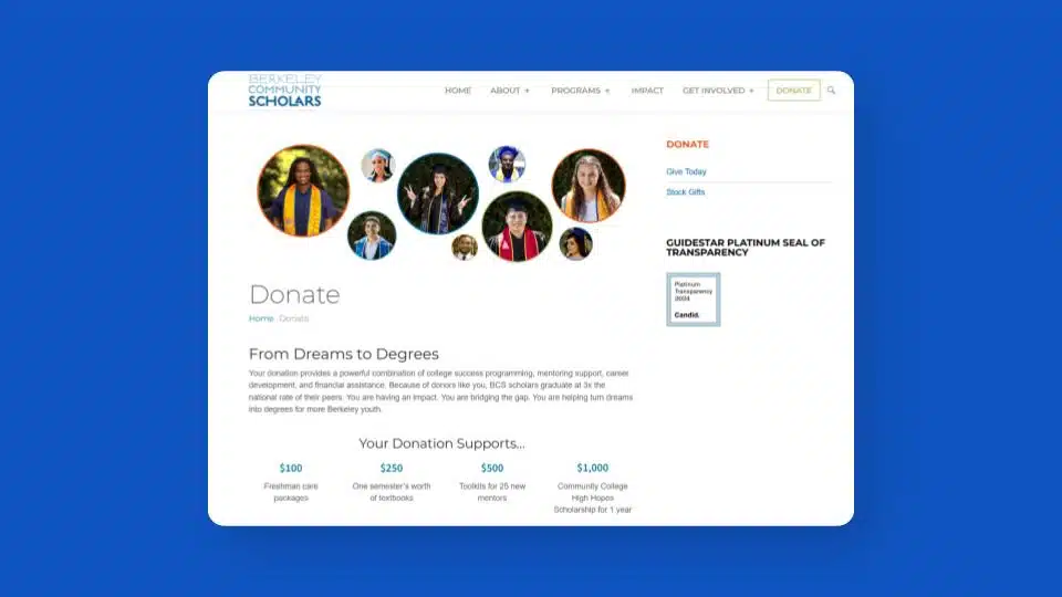 Screenshot of the Berkeley Community Scholars website Donate page with a Guidestar Platinum Seal of Transparency in the sidebar