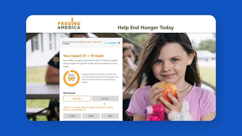 Screenshot of the Feeding America website's simplified Donate page