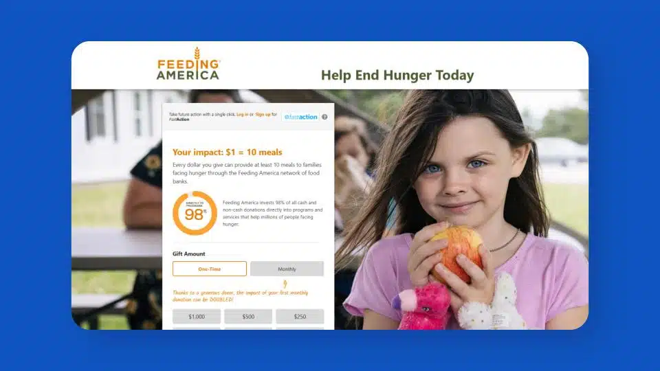 Screenshot of the Feeding America website's simplified Donate page