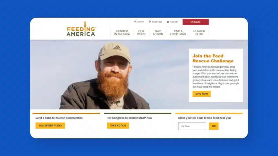 Screenshot of the Feeding America nonprofit website homepage