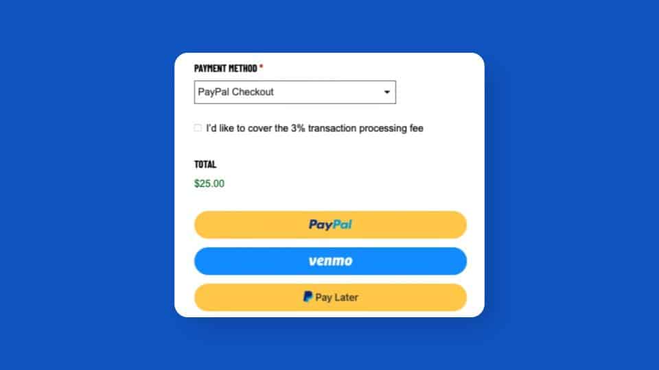 Screenshot of the payment section of a Donate form that includes options for PayPal and Venmo