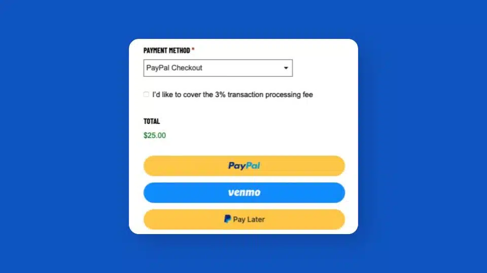 Screenshot of the payment section of a Donate form that includes options for PayPal and Venmo