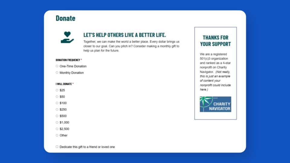 Screenshot of a poorly formatted online donation form. The fields are stacked, causing the form to look very long and complicated.