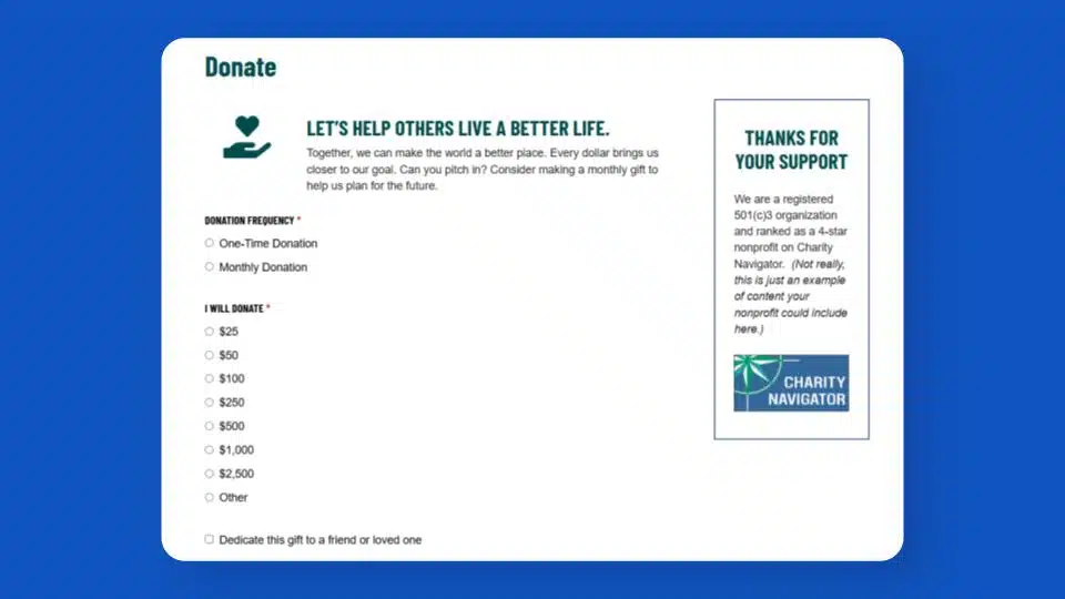 Screenshot of a poorly formatted online donation form. The fields are stacked, causing the form to look very long and complicated.