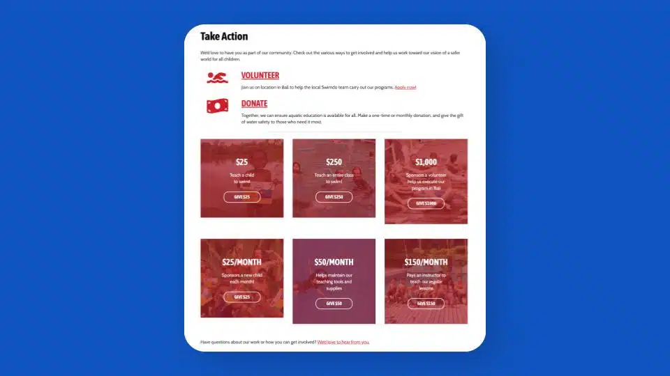 Screenshot of a webpage outlining giving levels for one-time and recurring donations