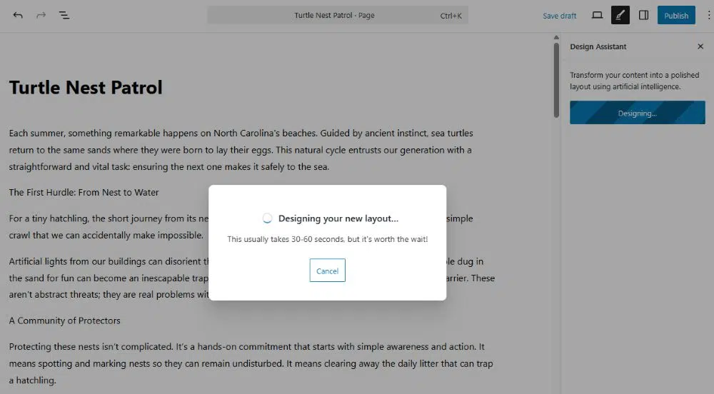 The loading screen while the Design Assistant is formatting the page with a button to cancel the action.